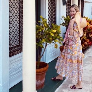 Sue Sartor Paloma Flounce midi dress- white / pink / yellow floral. Has pockets!